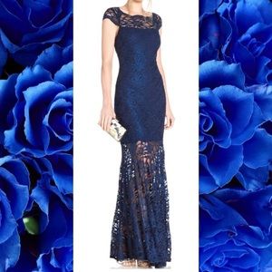 Nightway navy illusion glitter lace mermaid gown